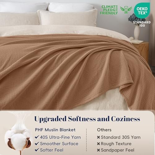 PHF 100% Cotton Muslin Blanket Queen Size 90"x90", 4-Layer Lightweight Gauze Throw, Breathable Cloud-Soft Minimalist Blanket for Bed, Couch, Camping & Baby, Clay, Ideal Gift - Image 4