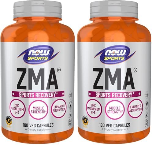 NOW Foods Sports Nutrition, ZMA (Zinc, Magnesium and Vitamin B-6), Enhanced Absorption, Sports Recovery*, 180 Capsules, (Pack of 2) by NOW