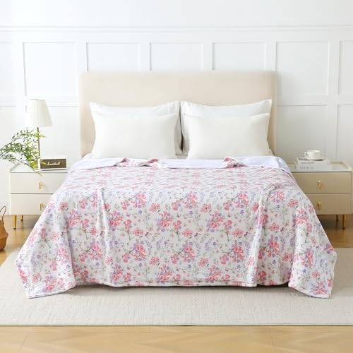 Viviland Cooling Muslin Blanket King Size for Bed Summer Gauze Blanket for Adults Breathable Lightweight Soft for Hot Sleepers Linen Pink Purple Flowers 90 x 108 Inches - Image 6