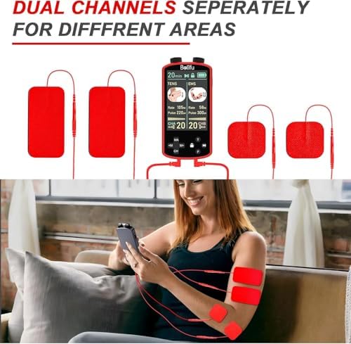 TENS EMS Unit Muscle Stimulator for Pain Relief Therapy - 4 in 1 TENS EMS Relax Custom Frequency+Pulse - Muscle Massager 36 Modes 20 Intensity, Memory & Favorites Function, 3.8" Color Display - Red - Image 6