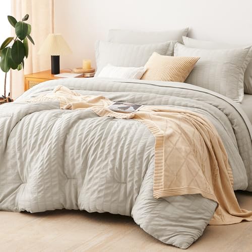 CozyLux Queen Comforter Set, 7 Pieces Beige Seersucker Bed in a Bag by CozyLux