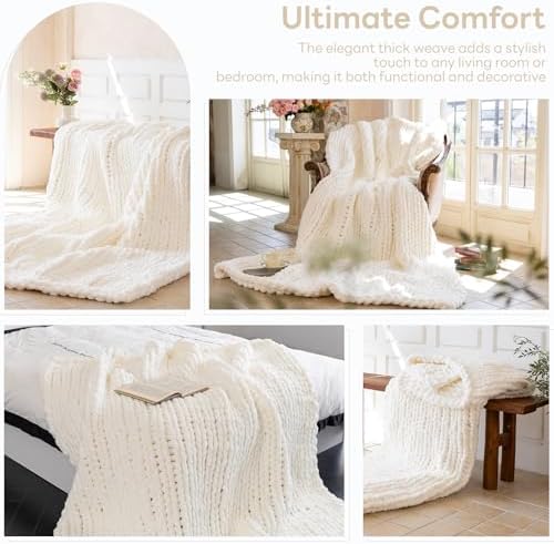 Chunky Knit Throw Blanket for Couch，50x60 Inches Ivory - Image 3