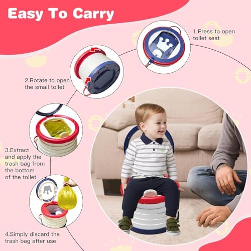 Portable Potty for Toddlers, Foldable Travel Potty with 5-Second Fold, Splash-Proof, Standalone Emergency Toilet with 3 Roll Waste Bags, Road Trips, Camping, Car, Outdoor (Red-blue) - Image 5