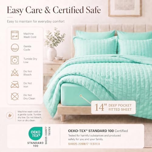 CozyLux King Size Comforter Set 7 Pieces Mint Green Seersucker Bed in a Bag - Image 5