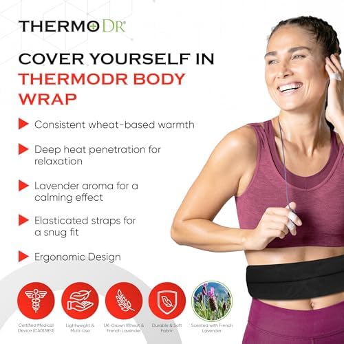 Microwavable Heating Pad for Neck, Back & Shoulders - Heating Bean Bag Microwavable Pillow w/Elasticated Strap - Wheat & Lavender Aromatherapy Heating Pad Wrap - ThermoDR, Black - Image 3