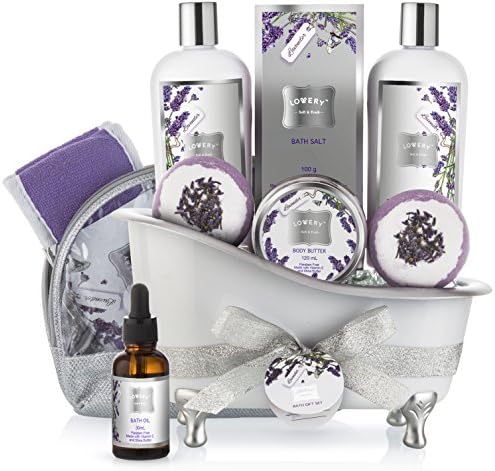 Bath Gift Basket Set for Women: Relaxing at Home Spa Kit Scented - Lavender and Jasmine with Large Bath Bombs, Salts, Shower Gel, Body Butter Lotion, Bath Oil, Bubble Bath, Loofah & More by LOVERY