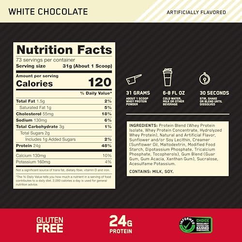 Optimum Nutrition Gold Standard Whey Protein Powder, White Chocolate, 5LB - Image 3