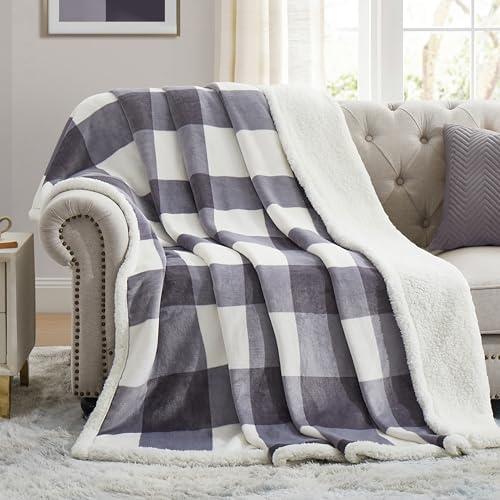 PU MEI Sherpa Blanket Fleece Throw Blanket Full Queen Plaid Thick Bed Blanket, Soft Warm Cozy Grey Checkered Throw Blanket 80"*90" by HOME