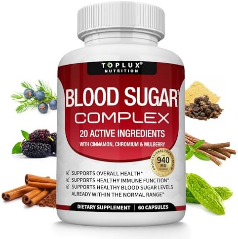 Blood Sugar Complex Supplement - Supports Healthy Blood Sugar Levels Already Within Normal Range All Natural with Cinnamon, Bitter Melon, Chromium, Mulberry, Alpha Lipoic Acid, Non-GMO, 60 Capsules by Toplux