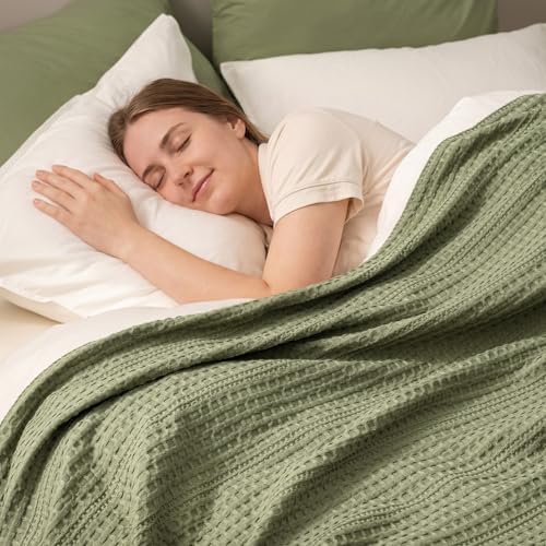 PHF Lightweight Waffle Weave Blanket Queen Size 90"x 90", Soft Woven Summer Blanket for Hot Sleepers - Aesthetic Home Decor for Couch Bed Sofa, Pet Friendly, Olive Green - Image 6