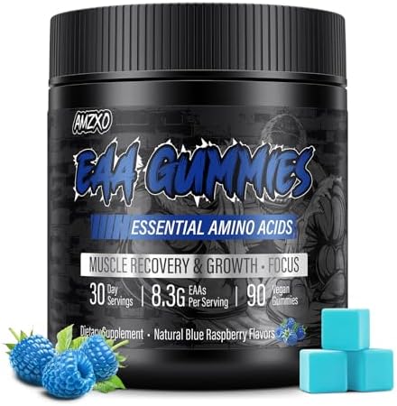 EAA Gummies - 2:1:1 BCAA Formula (8300mg) - Essential Amino Acids for Muscle Recovery & Endurance - Non-GMO, Gluten Free, Sugar Free, Vegetarian, Blue Raspberry Flavor - 90 Count by AmzxoCreatine