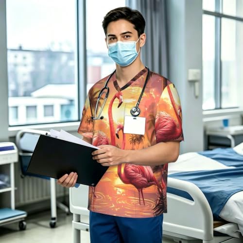 Men's Scrub Top,V-Neck Spill Wrinkle Resistant,3 Pockets-Flamingo Paradise (7) - Image 3