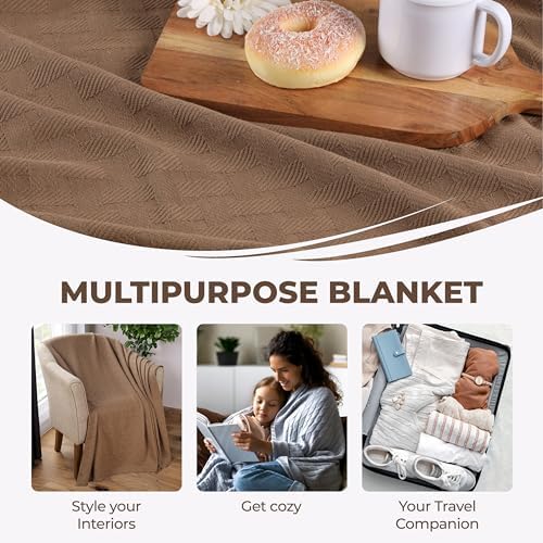 Superior Basketweave Cotton Blanket, Basket Weave Design, Soft, Comfy Cover for Bed, Bedding, Bedroom, Couch Throw, Lounging, Modern Boho Medium Weighted Blankets, Throw Size, Taupe - Image 5