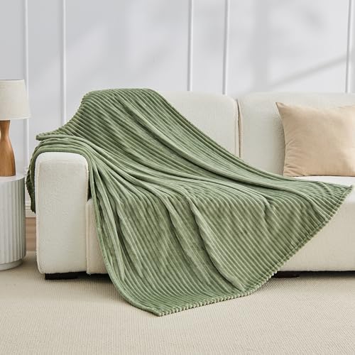 Bnuitland Sage Green Flannel Throw Blanket, 300GSM Super Soft Fleece Stripe Pattern Sofa Blanket for Babys and Kids, Lightweight Cozy Bed Throw for Home Decor All Season by BNUITLAND