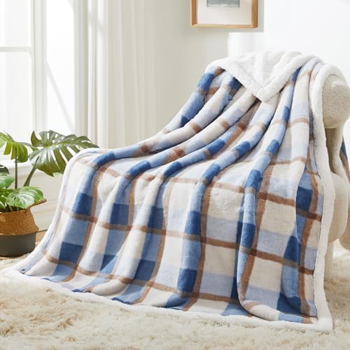 PU MEI Super Soft Faux Rabbit Fur Sherpa Fleece Throw Blanket, Reversible Luxury Cozy Cute Furry Blanket, Plush Warm Shaggy Fluffy Checkered Blankets for Sofa Couch Bed (Blue-Plaid, 60" x 80") - Image 7