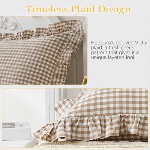2 Pack Taupe White Plaid Gingham Ruffle Pillow Shams Standard Size 20"x26" - Image 6