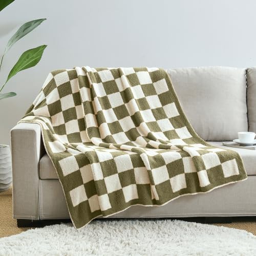 CozeCube Olive Green White Reversible Checkered Knit Throw Blanket 50"x60" - Image 5