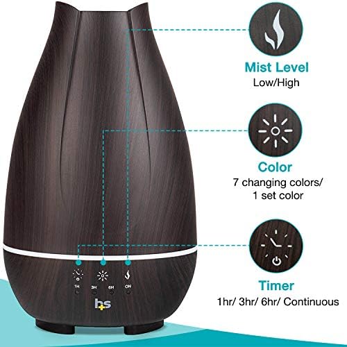 HealthSmart Essential Oil Diffuser, Cool Mist Humidifier and Aromatherapy Diffuser with 500ML Tank Ideal for Large Rooms, Adjustable Timer, Mist Mode and 7 LED Light Colors, Brown (Pack of 2) - Image 5