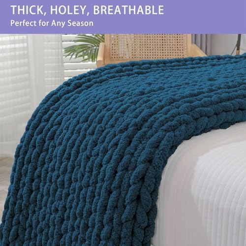 Bigacogo Chunky Knit Throw Blanket for Couch, 40x40 inches, Deep Sea Blue - Image 4