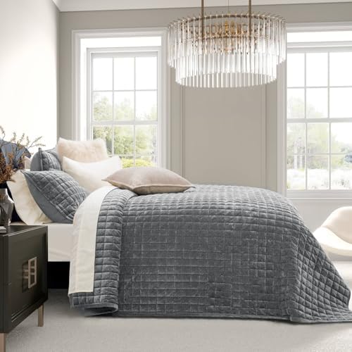 RECYCO Channel Box Stitch Velvet Quilt Set, Twin/Twin XL Size, Gray - Image 3