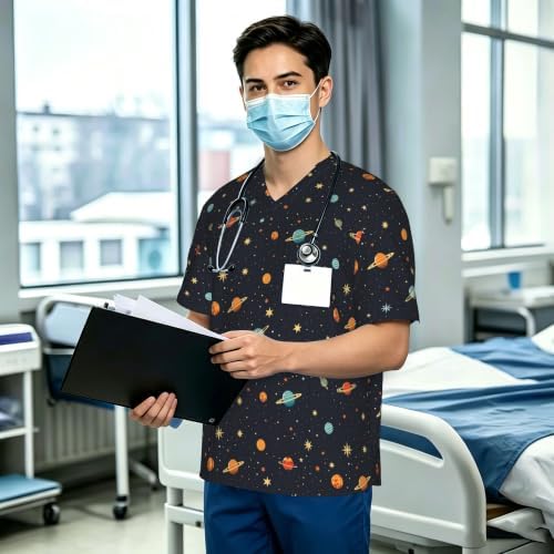 Men's Scrub Top,V-Neck Spill Wrinkle Resistant,3 Pockets-Space Planets (1) - Image 3