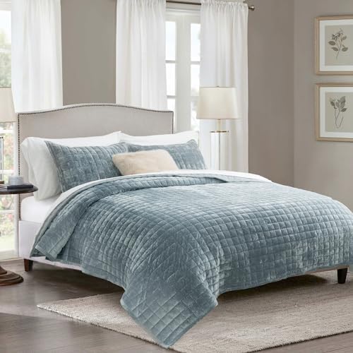 RECYCO Channel Box Stitch Velvet Quilt Set, King Size, Blue Linen - Image 2