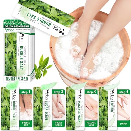 Pedicure Kit Foot Soak Set: Bubble Salt, Sugar Scrub, Massage Mask, Massage Lotion in a Box, 4 Step Foot Spa Kit for Dry Feet, Calluses and Tired Feet (1 Set Green Tea) by nbcBeautiLab