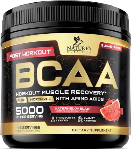 Muscle Recovery Drink Powder with BCAA, L-Glutamine & Amino Acids - Best Muscle Recovery Supplements for Post Workout - Sugar Free, Branched Chain Amino Acid Supplement for Women & Men - 45 Servings by NaturesNutrition