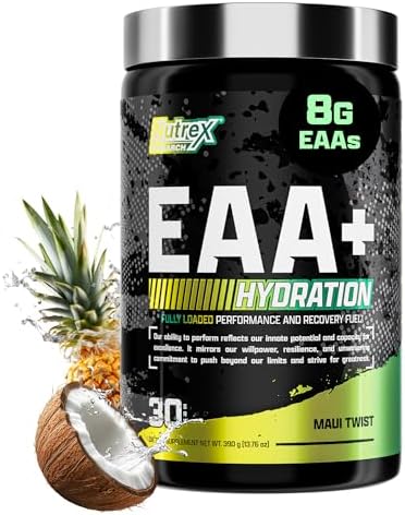 Nutrex Research EAA Hydration | EAAs + BCAAs Powder | Muscle Recovery, Strength, Muscle Building, Endurance | 8G Essential Amino Acids + Electrolytes | Maui Twist Flavor 30 Serving by NutrexResearch