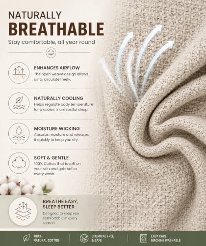HILLFAIR 100% Combed Cotton Blanket– Queen Bed Blanket– Soft Cozy Warm Multipurpose Throws for Luxury Home Decor– 90 x 90 inch Queen Size Cotton Blankets for Beds- Bed Blankets for All Season- Sand - Image 2
