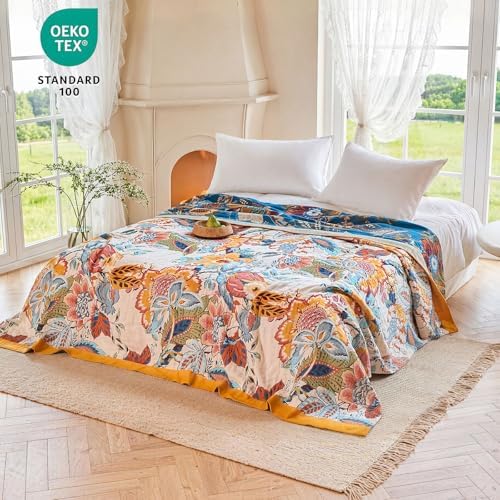 MSGKV Boho Throw Blanket 90"x108" 100% Cotton Floral Blanket King Bed Decor - Image 6