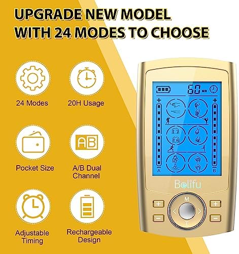 Belifu Dual Channel TENS EMS Unit 24 Modes Muscle Stimulator for Pain Relief Therapy, Electronic Pulse Massager Muscle Massager with 10 Pads, Dust-Proof Drawstring Storage Bag, Fastening Cable Ties - Image 3