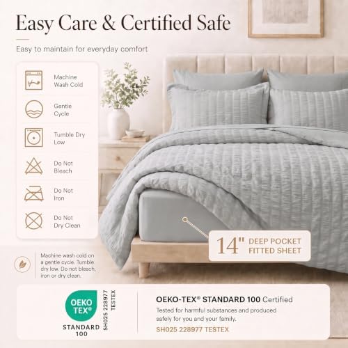 CozyLux Full Size Comforter Set 7 Pieces Light Grey Seersucker Bed in a Bag - Image 5