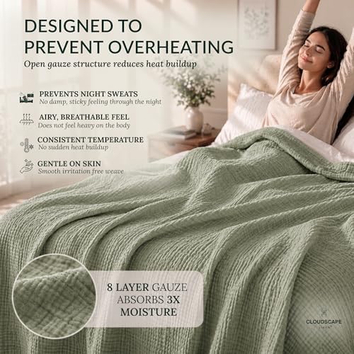 CLOUDSCAPE 8 Layer 100% Muslin Blanket for Adults Twin 68"x92" - Sage Green - Image 4