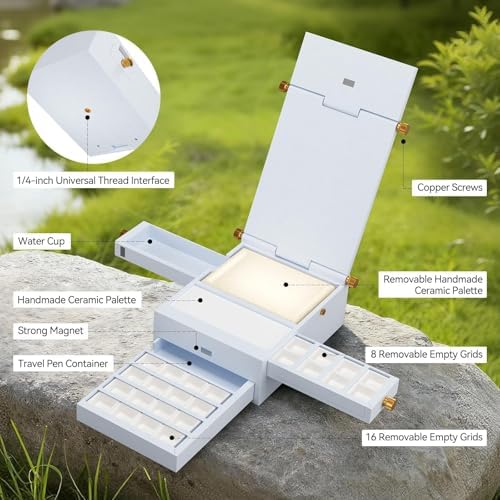 LIGHTWISH Travel Watercolor Palette Box, All-in-One Portable Watercolor Kit with 24 Empty Removable Grids,Handmade Ceramic Palette,Watercolor Cup and Universal Bracket Interface,Great Plein Aire Set - Image 3