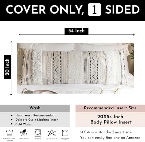 BlissBlush 20X54 Oversized Large Lumbar Pillow Cover for Bed, Rectangular Long Decorative Throw Pillowcase, Cotton Boho Accent Cushion with Black Tufted Pattern and Tassels, Cream Neutral (Cover Only) - Image 2
