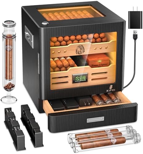 XIFEI Cigar Humidor Cabinet, Glass Top Humidors with Adjustable LED Lighting, Acrylic & Glass Tube, Digital Hygrometer, 2 Humidifiers, Cedar Wood Humidor with Accessory Drawer for Gifts by XIFEI