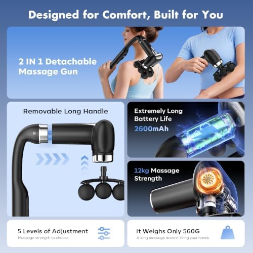 6-Head Massage Gun with Upgraded Detachable Extension Handle – Deep Tissue Percussion Massager for Neck, Shoulder, Back, Leg & Full Body Muscle Relaxation, Portable Handheld Massager - Image 7