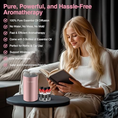 Waterless Essential Oil Diffuser Starter Kit - No Water Needed, Battery Operated Mini Scent Air Machine, Included 3x20ML Essential Oils, Portable Aromatherapy Diffuser for Home & Car & Office, Pink - Image 2
