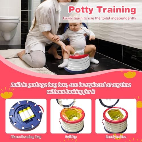 Portable Potty for Toddlers, Foldable Travel Potty with 5-Second Fold, Splash-Proof, Standalone Emergency Toilet with 3 Roll Waste Bags, Road Trips, Camping, Car, Outdoor (Red-blue) - Image 3