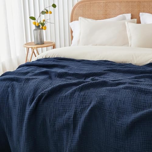 EMME Cotton Muslin King Blanket Big Oversized Bed Layering Bedspread Coverlet Breathable Gauze Soft Lightweight Blankets (Navy, 120"x94") - Image 3