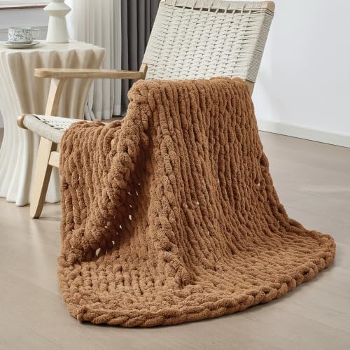 Bigacogo Chunky Knit Throw Blanket for Couch, 40x40 inches, Caramel by Bigacogo