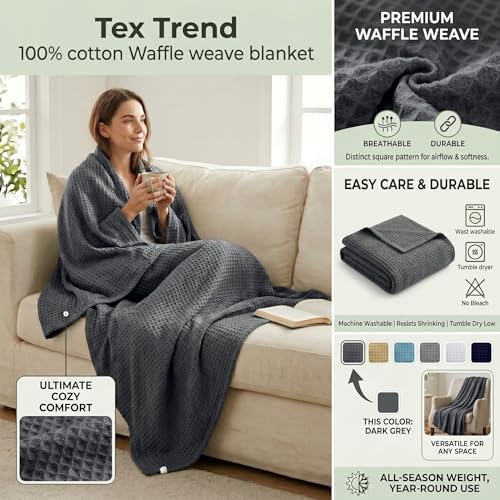 Tex Trend 100% Cotton Waffle Weave Blanket Twin Size - Soft, Breathable Cooling Blanket for Bed, Lightweight Cozy Summer & Spring Bedding, Grey, 60x90 - Image 2