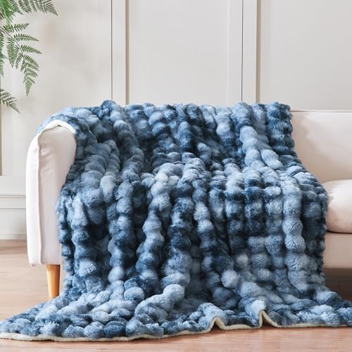 60x80 Inches Ultra-Soft Fuzzy Faux Fur Plush Twin Size Blanket - Thick, Warm Sherpa for Couch, Sofa, Bedroom, Camping - Decorative Blanket for Cozy Warmth, Bubble Dark Blue Tie Dye - Image 4