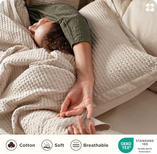 Bedsure PureWoven 100% Cotton Waffle Duvet Cover Set, 3 Pieces, Full, Beige - Image 3