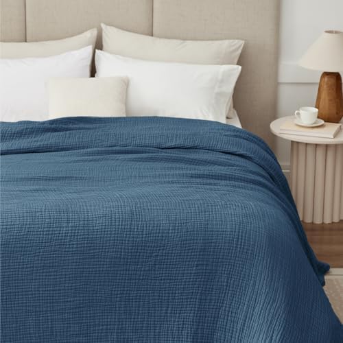 100% Cotton Muslin Blanket King 108" x 90", 6 Layers Breathable and Lightweight Cotton Throw Blanket for Bed, Soft Quilt Bedspread Coverlet, Gauze Blanket for Adults All Season, Dark Blue - Image 3
