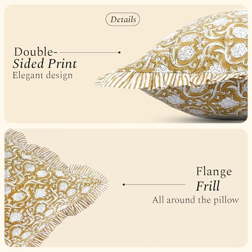 CPC Block Print Ruffle Throw Cover Mustard Regal 20"x20" Inch Pack of 2-100% Cotton Ruffle Couch Decorative Boho Pillows Case for Living Room, Bedroom, Sofa, Farmhouse Gift for Spring, Mother's Day - Image 2