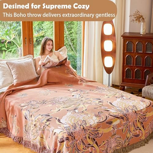 VANJOROY Boho Throw Blanket 60" x 80", 100% Organic Cotton Breathable Skin-Friendly Ultra Soft Bed Quilt Throw - Floral Rustic Decor Luxury Reversible Blanket for Sofa Couch Chair and Gift, - Image 4
