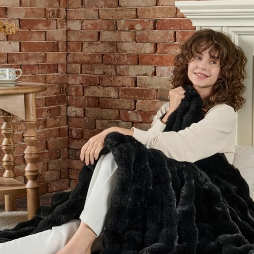 Lotus Karen Faux Fur Throw Blanket Black - Big Bubble Rabbit Fluff Blanket for Couch, Small Fluffy Fuzzy Cozy Blanket, Thick Furry Plush Shaggy Blankets, 50x60 Inches - Image 6