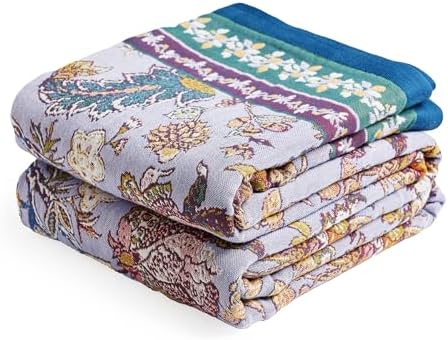 VANJOROY Boho Throw Blanket 60" x 80", 100% Organic Cotton Breathable Ultra Soft Bed Purple Quilt Throw - All Season Luxury Floral Farmhouse Decor Blanket for Sofa Couch Chair and Gift. by CHOOSEVANJOROYENJOYAMORECOMFORTABLEFEELING